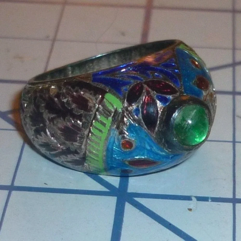 Vintage Chinese Export Cloisonne Enamel Silver Ring Green Cabochon Size 6.25